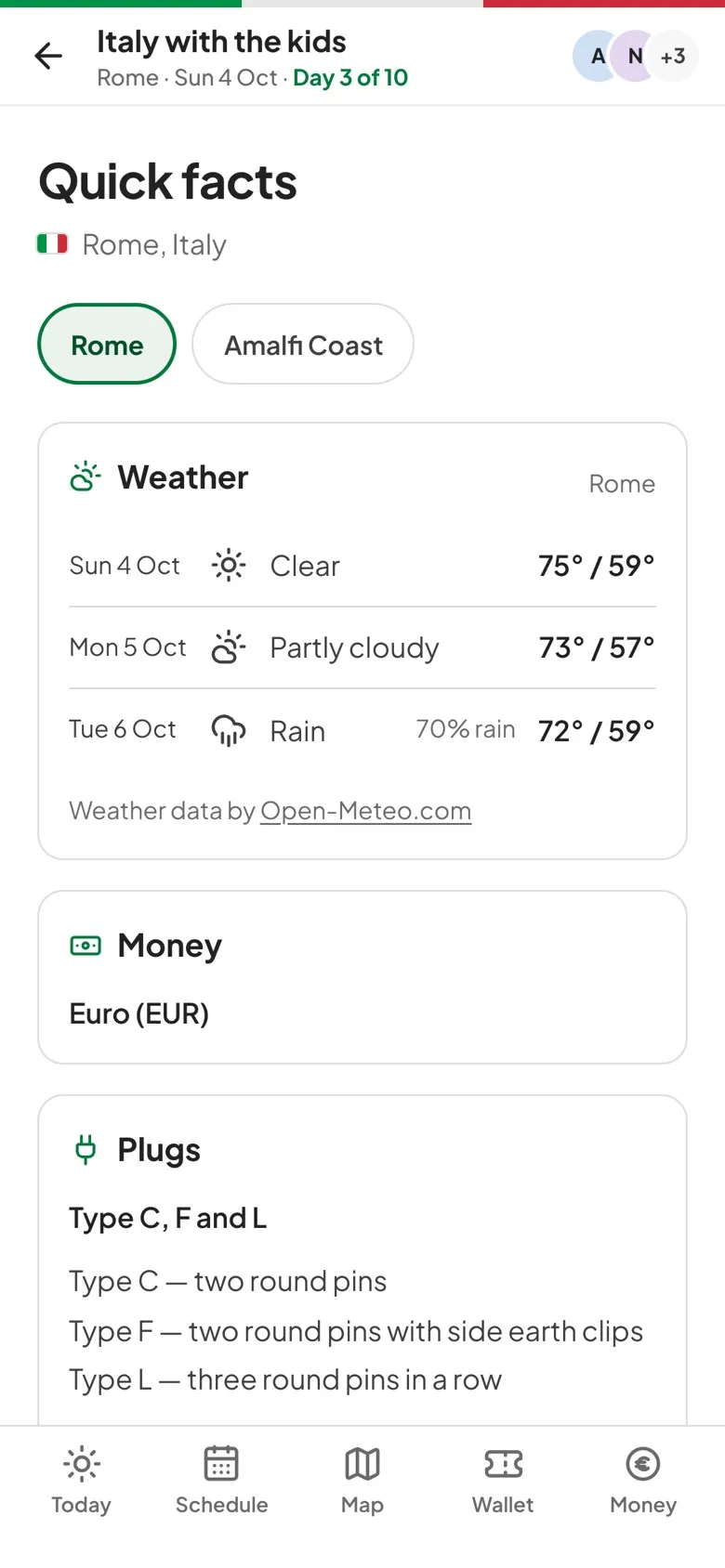 Quick facts screen: weather for the coming days, the local currency and plug types