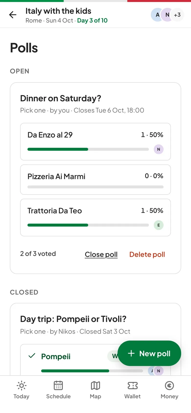 Polls screen: an open dinner poll with votes per option