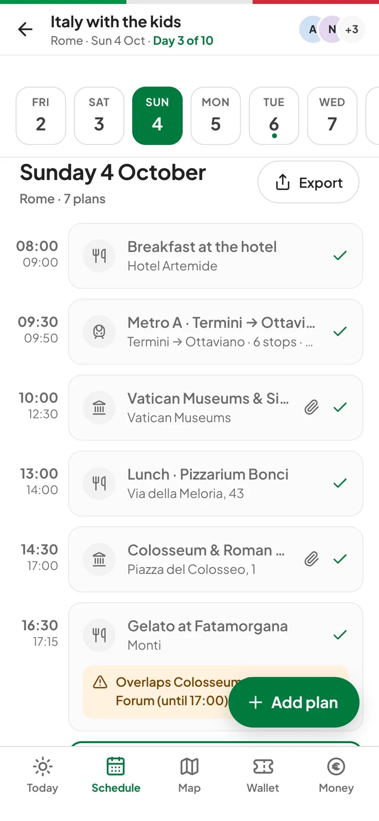 Schedule screen: one day’s plans in time order, with an overlap warning